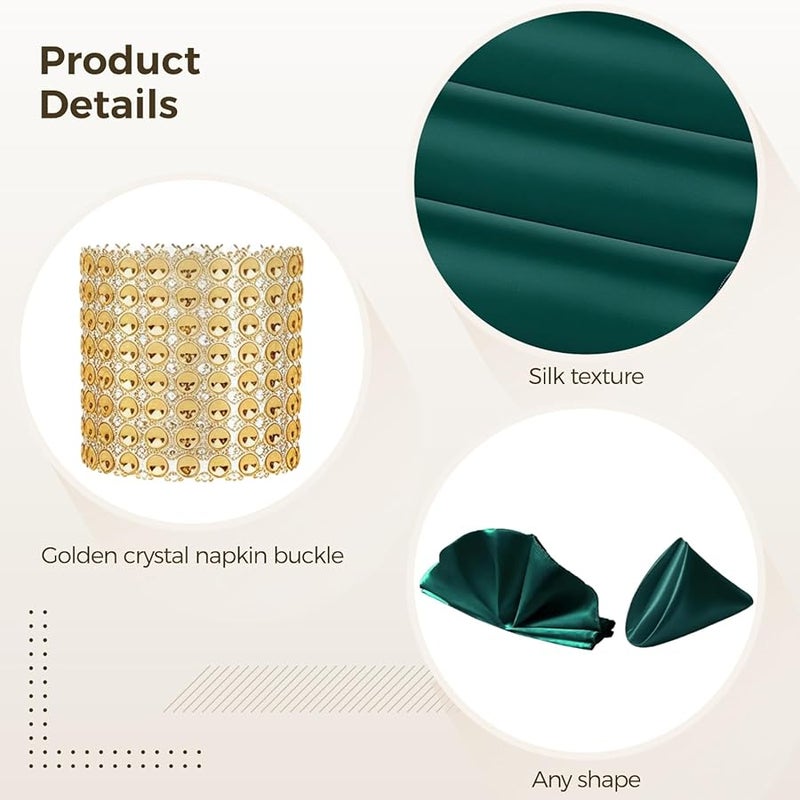 مناديل ساتان أخضر داكن مع حلقات كريستال ذهبية مجموعة 30x30 سم للمناسبات والولائم - Image 5